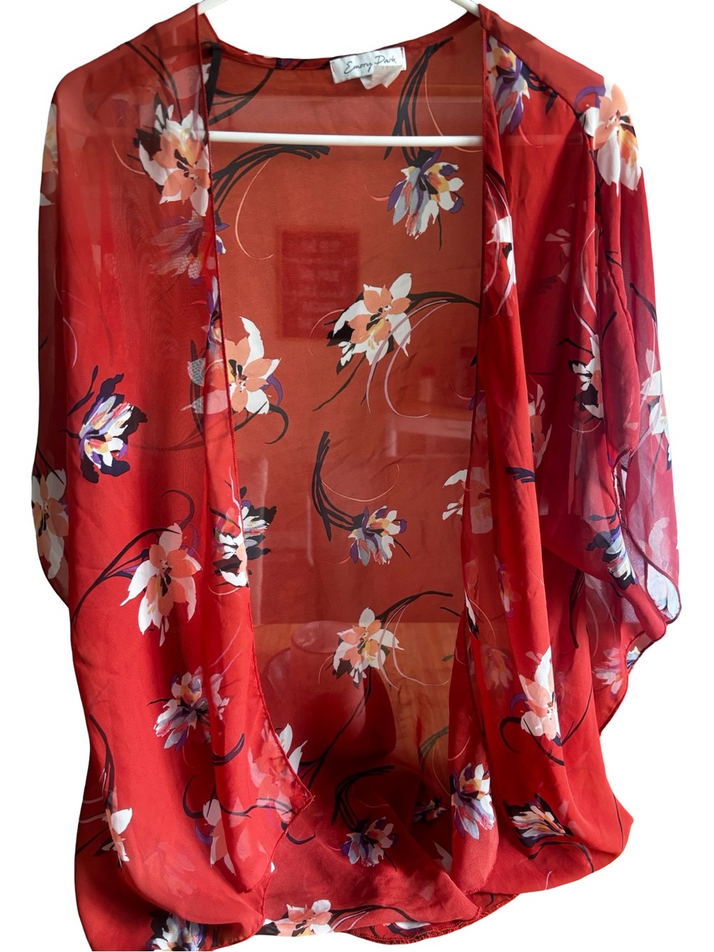 Emery Rose Red/orange Floral Sheer Kimono Tunic